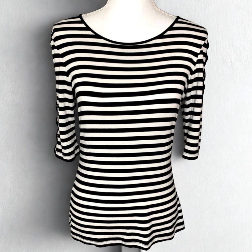 Cable & Gauge Black‎ White Stripe 3/4 Sleeve Top Women Small